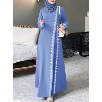 Fashionable Solid Color Lace Trim Round Neck Pullover Long Robe Dress